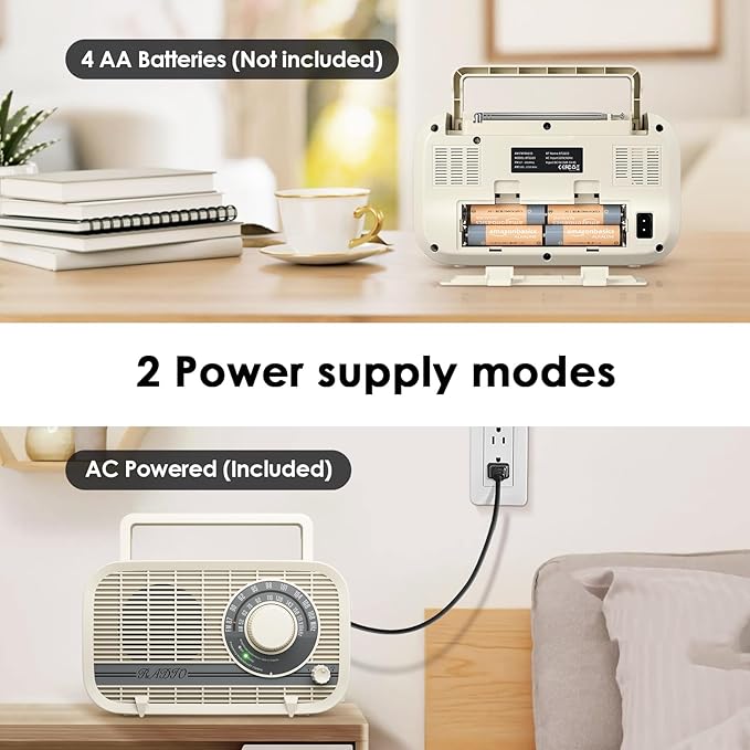 Portable AM FM Radio Plug in Wall or Battery Operated Radio with Best Reception, Bluetooth,Headphone Jack,Large Dial Easy to Use for Seniors Elderly Cream