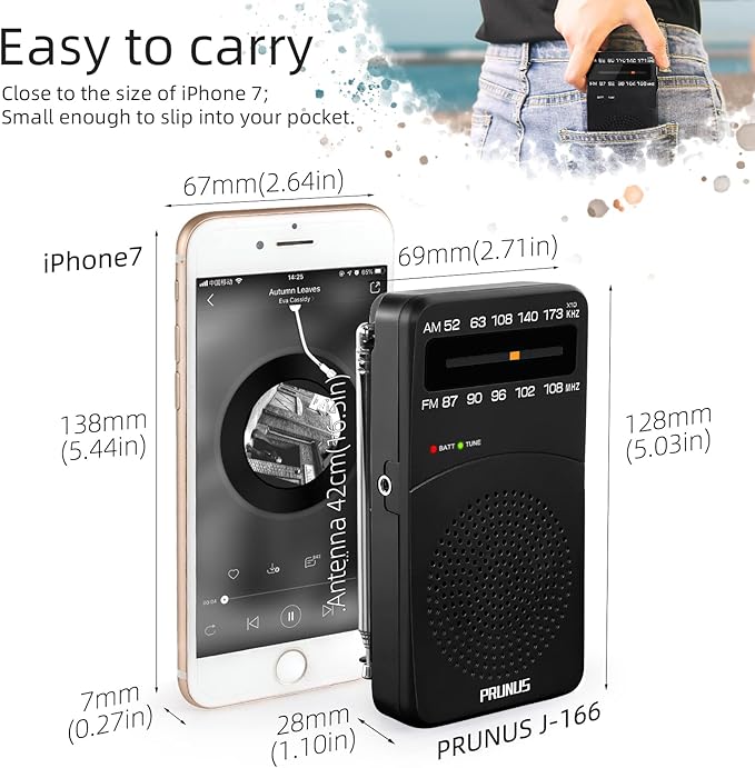 PRUNUS J-166 Portable Radio AM FM, Battery Operated Radio with Tuning Light, Back Clip, Excellent Reception, AM FM Radios Portable, Transistor Radios