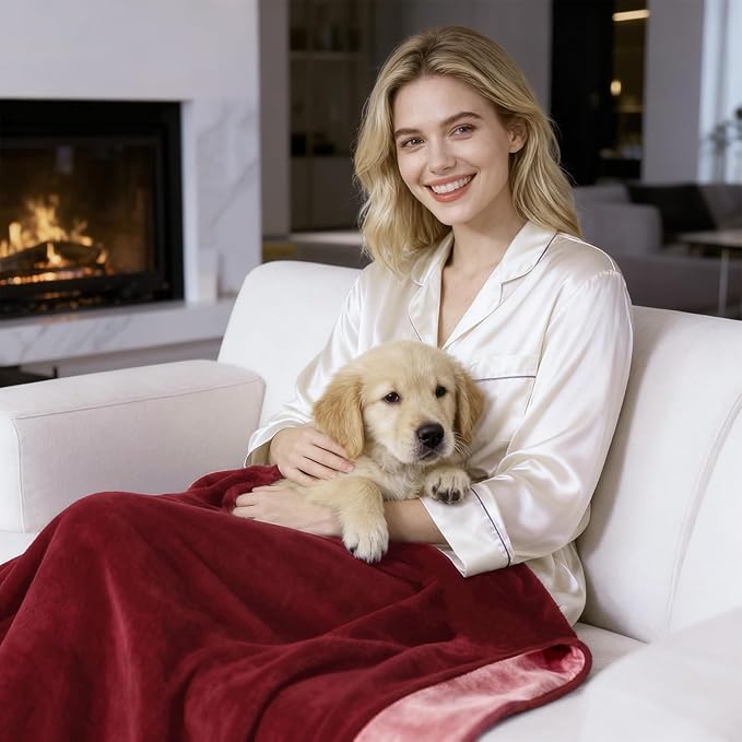 QiyI Waterproof Blanket for Bed Couch Sofa, Small Washable Reversible & Reusable Pet Dog Cat Throw Blanket, Leakproof Stain Resistant Sofa Cover, 40"x60", Burgundy/Pink