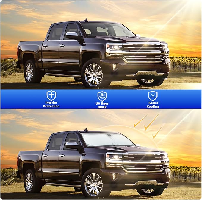 Side Window Sunshades for Chevrolet Silverado 1500 2014-2025, Front Window Shades Custom Fit for Chevy Accessories, Foldable Car Sun Shield with Steering Wheel Sunshade to Block UV Keep Car Cool