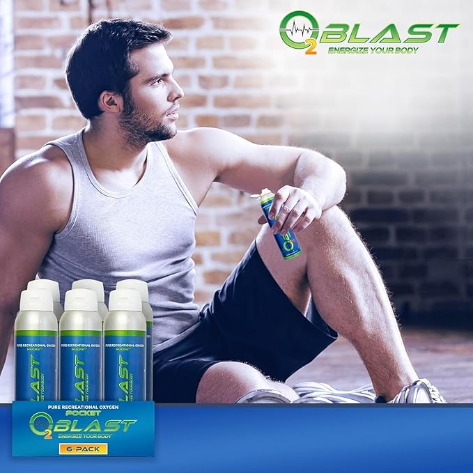 O2 Blast - Pure Oxygen Supplement - Filled with 99.99% Pure Oxygen to Support Fast Recovery, Increase Stamina & Enhance Focus for High Altitude and Action Sports, 4L Portable Can Flip-Top Cap, 6-Pack