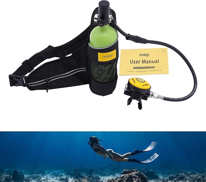 Mini Scuba Tank 1L Portable Refillable Oxygen Cylinder for Diving, 15-20 Mins Underwater Dive Gear with Pressure Gauge, Emergency Valve, for Snorkeling & Backup Air Source