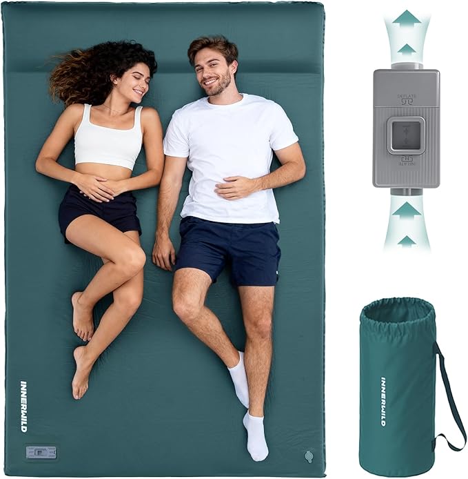 Double Camping Sleeping Pad with Electric Pump, 3.15" Thick 2 Person Self Inflating Memory Foam Mattress Pad with Pillow, Portable Sleeping Mat for Travel, Car, Tent- Dark Green, Full Size