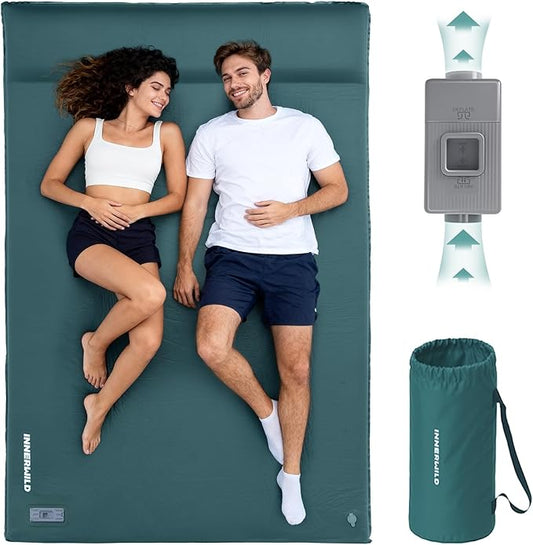 Double Camping Sleeping Pad with Electric Pump, 3.15" Thick 2 Person Self Inflating Memory Foam Mattress Pad with Pillow, Portable Sleeping Mat for Travel, Car, Tent- Dark Green, Full Size