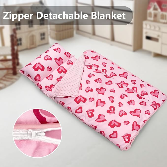 Primlect Toddler Nap Mat Extra Large Thickened 55''x35'', Soft Sleeping Bag with Detachable Minky Blanket and Pillow, Portable for Daycare, Preschool, Kindergarten, Travel, Boys and Girls