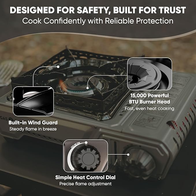 GasOne GS-5900A 15,000 BTU Portable Butane Camping Stove with Heavy Duty Case: Automatic Ignition, High Output, Precise Heat Control - Camping & Tailgating and Outdoor Cooking