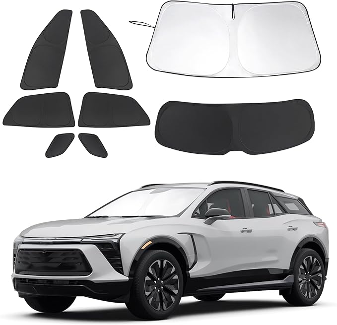 8PCS Windshield Sun Shade Custom Fit for 2024 2025 2026 Chevrolet Chevy Blazer EV Accessories Foldable Sunshade Side Rear Window Shade Cover Full Set Privacy Protection Keeps Car Cool