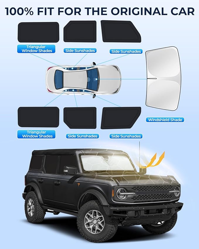 for Ford Bronco(4-Door, no for Bronco Sport) 2021-2025 Car Window Shades, 7pcs Sun Shade Set for Front Windshield and Side Windows, Full Coverage Keeps Vehicle Cool for Camping & Napping