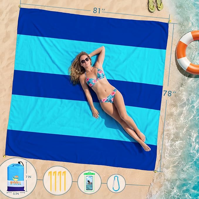 BYDOLL Beach Blanket 78''X81'' Waterproof Sandproof Suits1-4 Adults Oversized Lightweight Large Blanket Picnic Mat for Beach Sand Free Travel Camping Hiking Picnic
