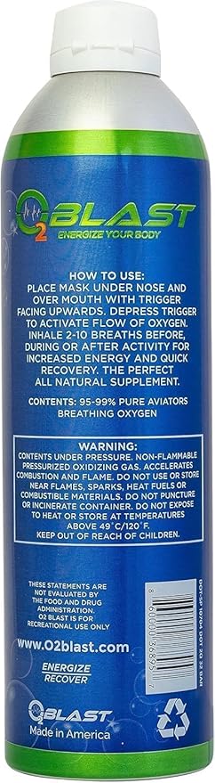 O2 Blast - Portable Oxygen Can, Filled with 99.99% Pure Oxygen in a Can with Breathing Mask for Sports, Travel, and High Altitude Use | On-The-Go Air Support for Hiking and Outdoors – 10L, 6-Pack