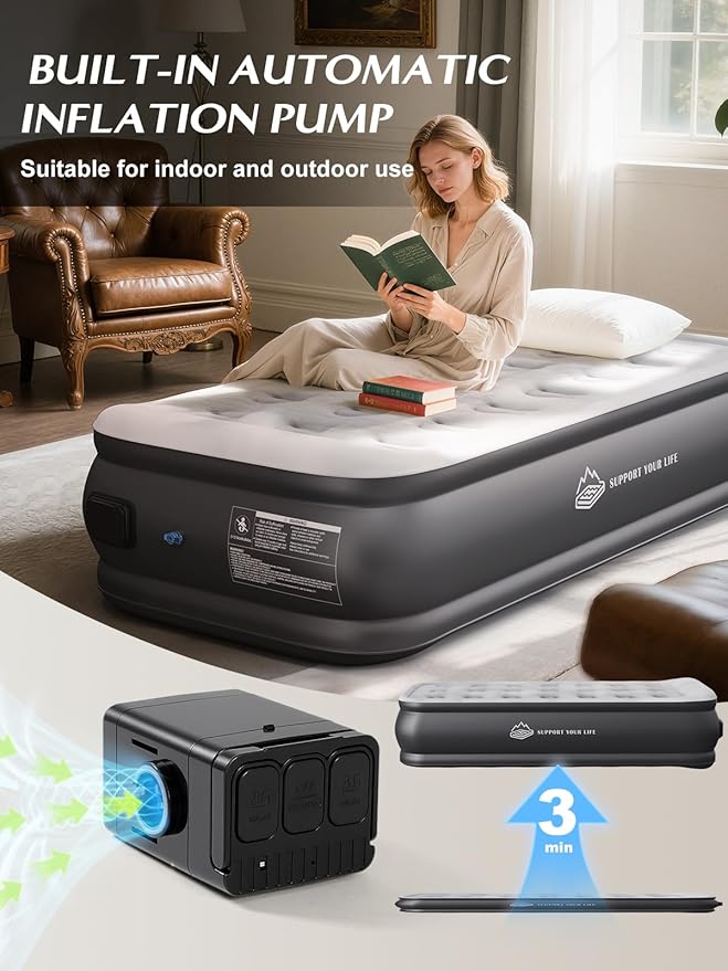JUITOY Twin Air Mattress with Built in Pump, 18" Upgraded One-Touch Inflatable Airbed for Home, Camping Guests, Portable Blow Up Mattress, 440lbs Capacity