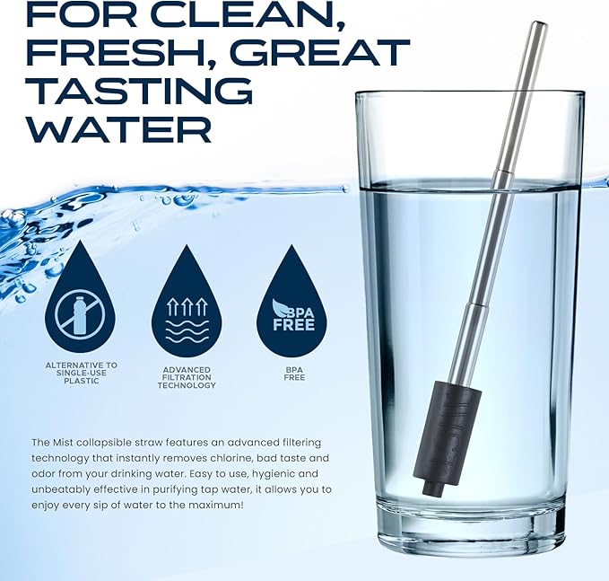 Mist Reusable Straw, Collapsible Reusable Metal Water Filtering Straw Removes Chlorine & Odor, BPA-Free, Portable, Stainless Steel, Filter Straw With Carry Case, Brush, Travel-Friendly, Black