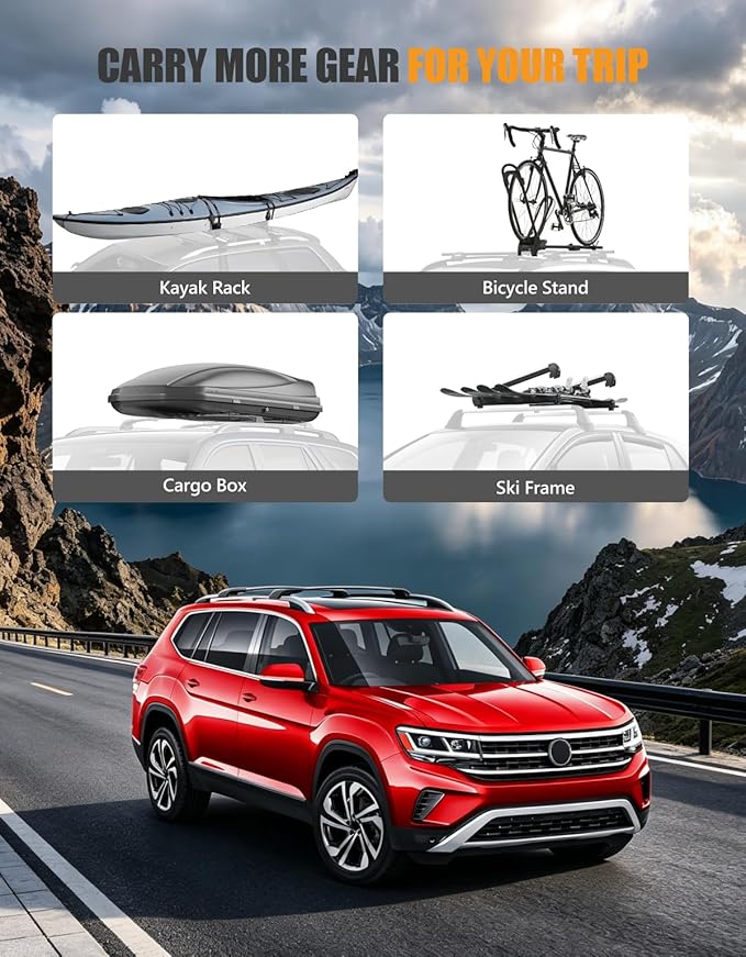 KINGGERI Roof Rack Cross Bars Fit for Volkswagen Atlas 2017-2026, Aluminum Roof Rails Crossbars Rooftop Cargo Carrier Bag Luggage Rails Skiboard Bike Black Accessories