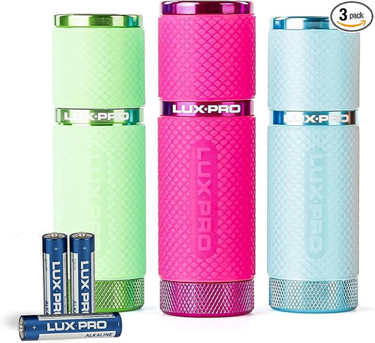 LUXPRO 3 Pack Mini Flashlights - LP395 Gel Glow in Dark - Aluminum LED Flashlights with Maximum Brightness of 40 Lumens - IPX4 Water Resistant - 3 AAA Batteries Included - Pink, Green, Teal