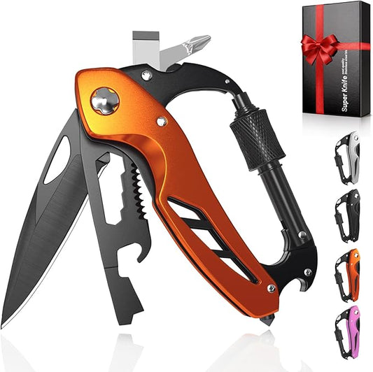 9 in 1 Multitool Carabiner Pocket Knife for Women,EDC Carabiner Knife, Bottle Opener and Screwdriver, Survival Gear for Camping Hiking Gifts for Women Stocking Stuffers Gifts for Him and Her (Orange)