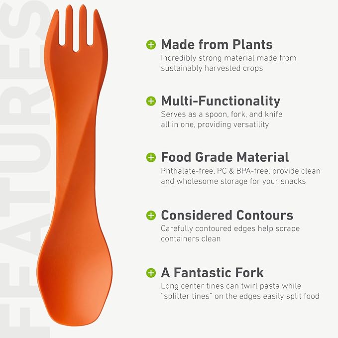 humangear GoBites Bio Uno Spork - Durable Plant-Based Travel Utinsel, Green/Light Blue/Orange, Bio Uno 3-Pack