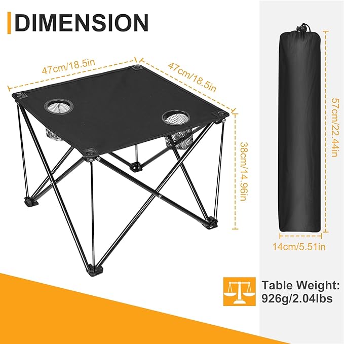 Portable Camping Table, Ultralight Picnic Table Foldable with 2 Cup Holders and Carrying Bag for Outdoor Camping Picnic BBQ Beach Party Patio Fishing, Steel Frame, High-Grade 600D Oxford Fabric