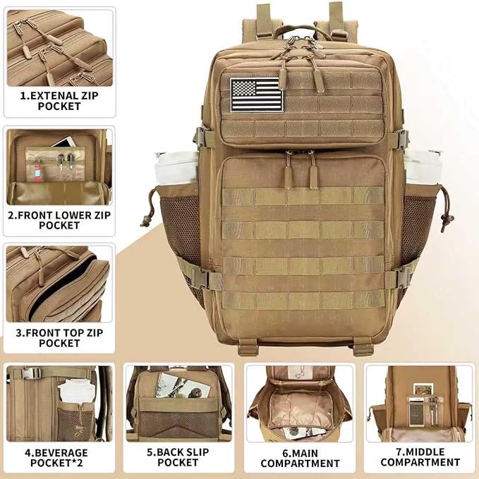 Lovelinks21 45L Tactical Assault Backpack 3 day assault pack with Molle Waterproof backpack Rucksack for Tactical Backpacks (khaki)