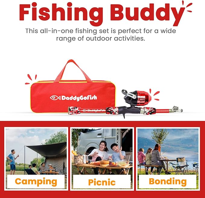 DaddyGoFish Kids Fishing Pole - Rod Reel Combo Tackle Box Starter Set - First Year Small Dock Gear Kit for Boys Girls Toddler Youth Age Beginner Little Children Junior Anglers