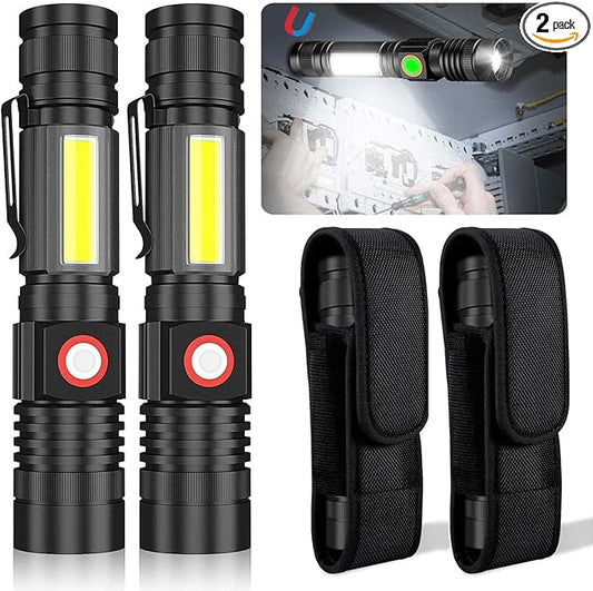 Hoxida USB Rechargeable Flashlight, Magnetic LED Flashlight, Super Bright LED Tactical Flashlight with Cob Worklight,Waterproof,Zoomable Small LED Flashlight for Camping, Flashlight with Holsters