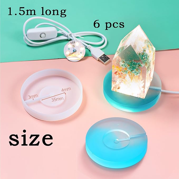 Actvty Round Display Base Silicone Mold with 6Pcs Led Light for Resin Casting, USB Powered for Lamp Resin Molds DIY Epoxy Craft Luminous Lamp Base Home Decorations