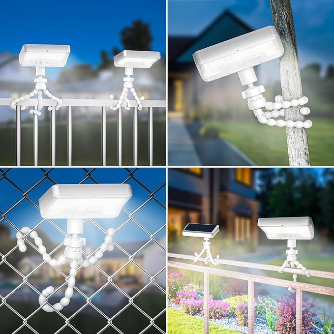 Tryme 92 LED Solar Lights Outdoor Waterproof with Motion Sensor, Octopus Stand, Adjustable Angle, Optical Diffuser Lens, 3 Modes, USB & Solar Powered, Fence Lights for Garden, Gate (1 Pack)