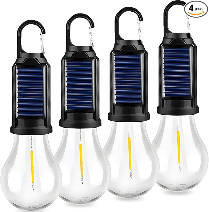 4-Pack Solar Camping Lantern, Portable LED Solar USB Rechargeable Lantern Flashlight Emergency Hanging Light Bulb for Indoor Outdoor Home Power Outages Hiking Hurricane (4)