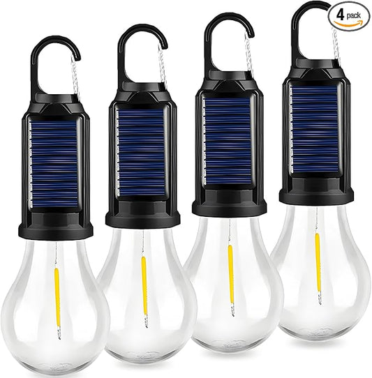 4-Pack Solar Camping Lantern, Portable LED Solar USB Rechargeable Lantern Flashlight Emergency Hanging Light Bulb for Indoor Outdoor Home Power Outages Hiking Hurricane (4)