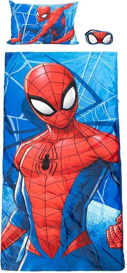 Marvel Spiderman 3 Piece Sleepover Set - Cozy & Warm Kids Slumber Bag with Pillow & Eye Mask (Official Marvel Product)