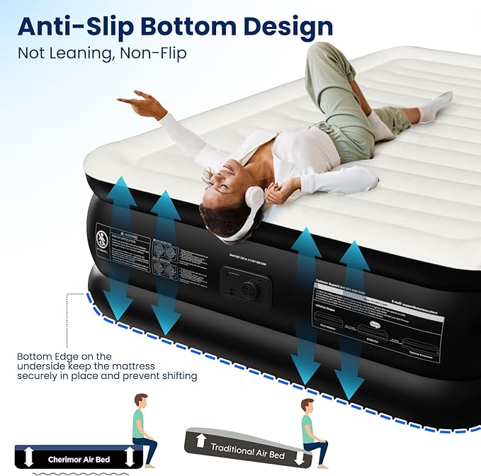 CHERIMOR Air Mattress Queen with Built in Pump, Inflatable Blow Up Mattress 18" Raised, Multi-Layer Leakproof, Heavy-Duty Support 800 lbs, Air Bed Queen Size for Home Guests Camping, 3-Min Inflation