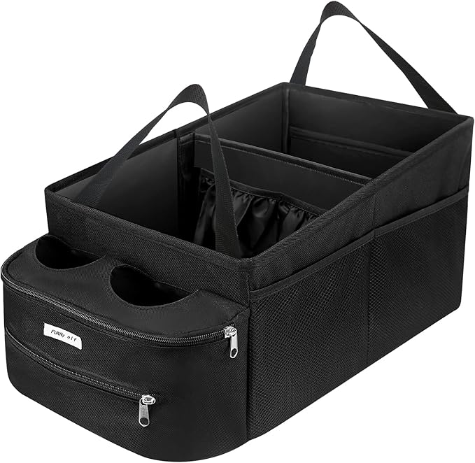 FUNNy elf Passenger Seat Organizer, Collapsible Car Storage with Partitions & 4 Cup Holders for Front or Back Seat