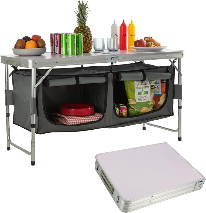Folding Camping Table with Storage - Lightweight and Portable Aluminum Camp Table with Adjustable Height for Outdoor Travel, Beach, BBQ, Party, Picnic, and Glamping by Wakeman Outdoors