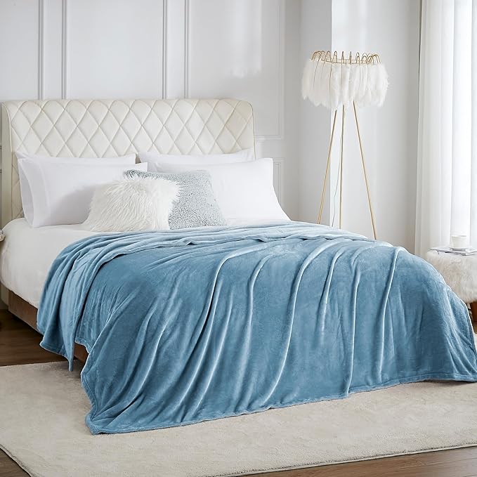 Hansleep Fleece Queen Blanket for Bed Fleece Washed Blue, Queen Size Super Soft Flannel Fuzzy Plush Cozy Blanket for All Seasons, Washed Blue, Queen 90x90 Inches