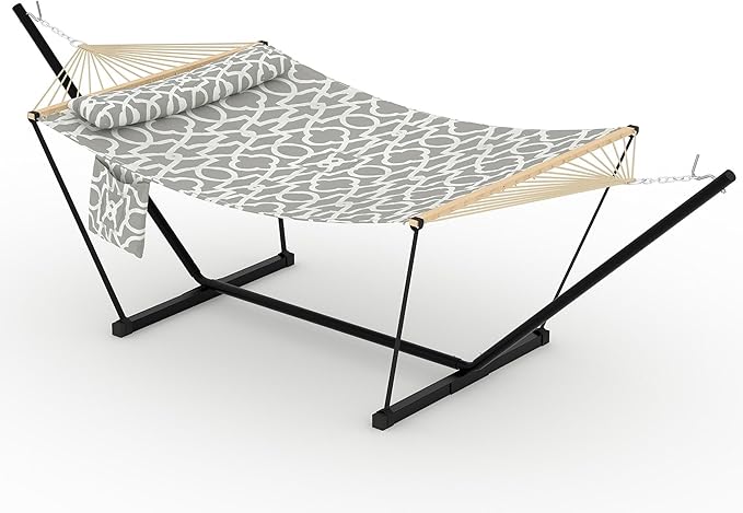 Garvee Double Hammock with Stand for Outdoor, Heavy Duty Portable 2 Person Hammock with Adjustable Steel Stand for Patio, Garden, Beach, Backyard