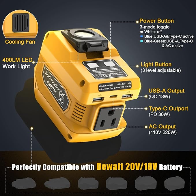 2 Packs 220W Power Inverter Compatible with Dewalt 20V Battery (Battery Not Included), DC 20V to AC 110V Portable Power Station, 400LM LED Light, 1 AC Outlet, 2 USB & 1 Type‑C Fast Charging