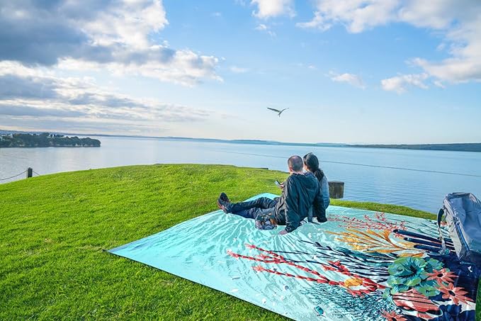 WEKAPO Beach Blanket Waterproof Sandproof Oversized, Extra Large Beach Mat Sand Free, Lightweight & Compact Sand Free Mat with 5 Stakes & 4 Corner Pockets