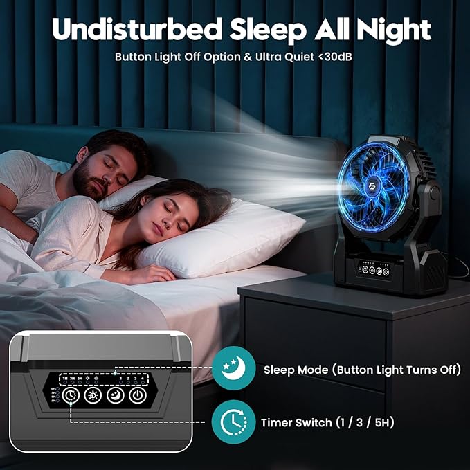 Fentara2 24000mAh Rechargeable Camping Fan with LED Light & Power Bank, Battery Powered Portable Travel Fan for Outdoor, Fishing, Hurricane Emergency, Ideal Gift for Men Dad Him, Black