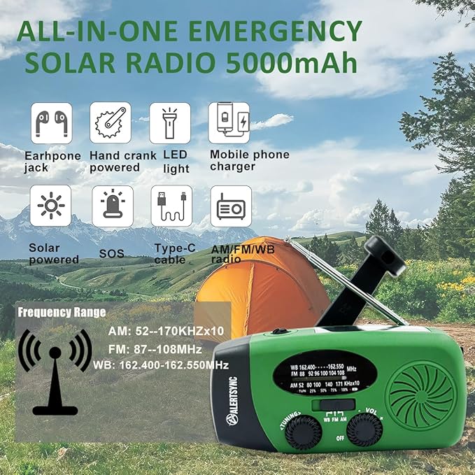 5000mah Alertsync NOAA Weather Emergency Radio with Solar Charging, AM FM Hand Crank Windup Radio SOS Alarm LED Flashlight with Earphone Jack for Home, Camping, Survival Hurricane (Green)