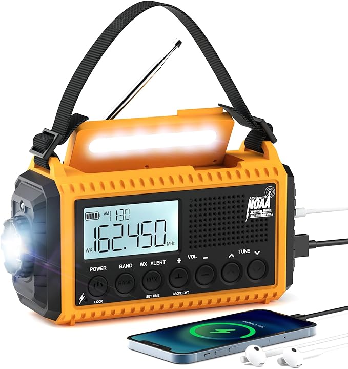 Eoxsmile NOAA Emergency Weather Radio - 5000mAh Solar/Hand Crank/Battery AM/FM/SW with USB Charger, LED Flashlight & SOS Alert, Clock, Portable Survival Radio for Power Outage, Hurricanes, Camping