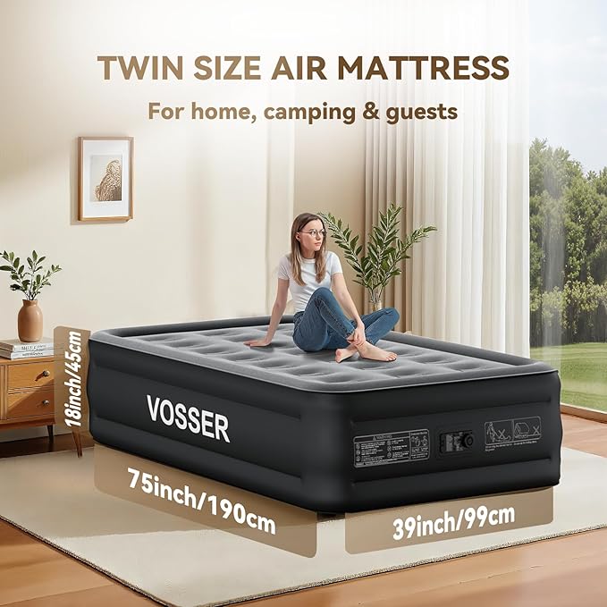 VOSSER Air Mattress Twin with Built in Pump,18” Raised Blow Up Mattress,Inflatable Mattress in 2 Mins,Single Twin Size Air Mattress for Home,Floor&Camping, Air Bed for Adults,330LB Max,Black