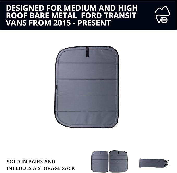 VanEssential Insulated Stealth Blackout Rear Door Window Covers Designed for Ford Transit Van High and Medium Roof Year 2015 to Current with NO Plastic Trim (Pair) - Charcoal Gray