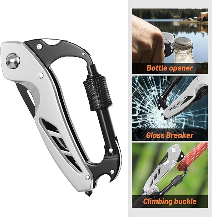 Carabiner Multitool 9-in-1 EDC Pocket Knife, Hexwrench, Saw, Screwdriver, Bottle Opener, Breaker, Survival Gear for Camping Climbing, Gifts for Men Women, Stocking Stuffers (Silver)