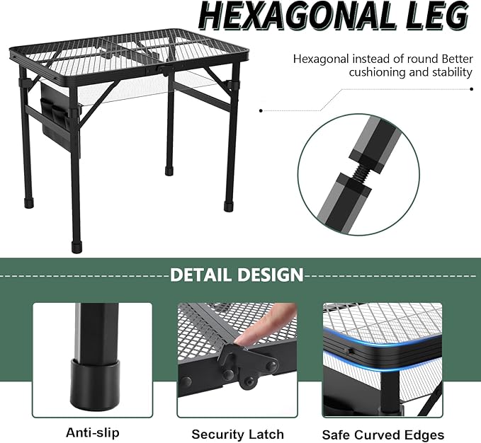 WildFinder Folding Table, 2x1.3 FT Camping Table with Mesh Desktop,Folding Grill Table with Mesh Bag,Portable Outdoor for Picnic,Camping,BBQ,Beach(Black)