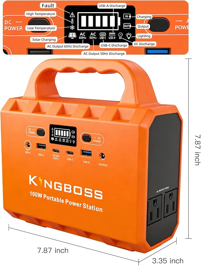 KINGBOSS 100W Portable Power Station, 96Wh LiFePO4 Battery Generator with 65W Fast Charging, Lightweight Solar Power Bank Supply with AC/DC/USB-C/USB-A Outputs & LED for Camping, Home Backup, Outdoor