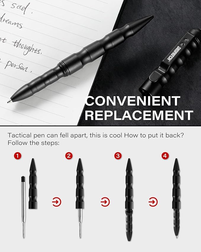DISPATCH 6” Tactical Pen with Aircraft-Grade Aluminum Body, Self Defense & Glass Breaker Emergency Tool, Smooth Writing EDC Pen with Refill Set (4 Pack – 2 Black & 2 Blue)