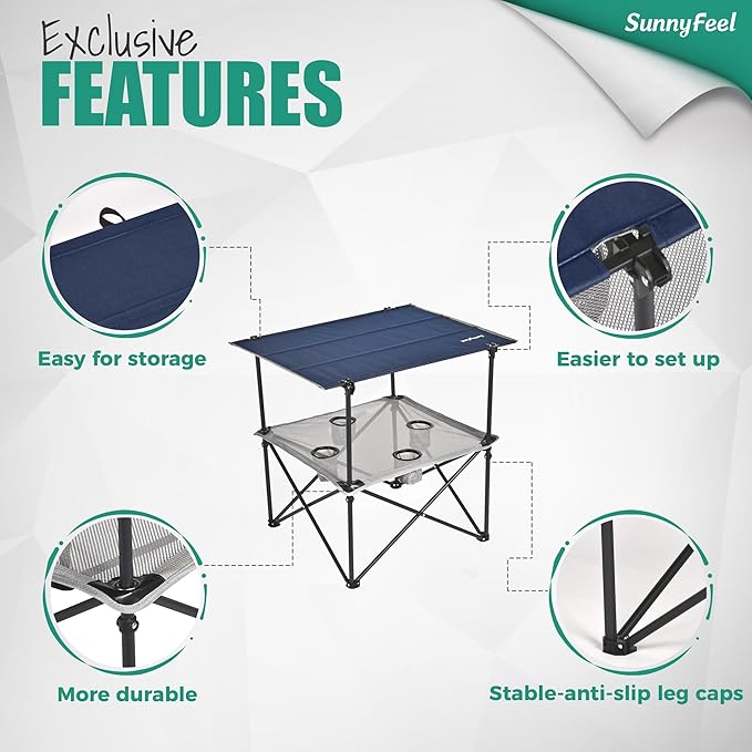 SUNNYFEEL Folding Camping Table- Collapsible Portable Beach Table with 4 Cup Holders & Carry Bags, Tailgate Table for Outdoor Excursion Picnic Hiking Fishing Travel Parties, Blue