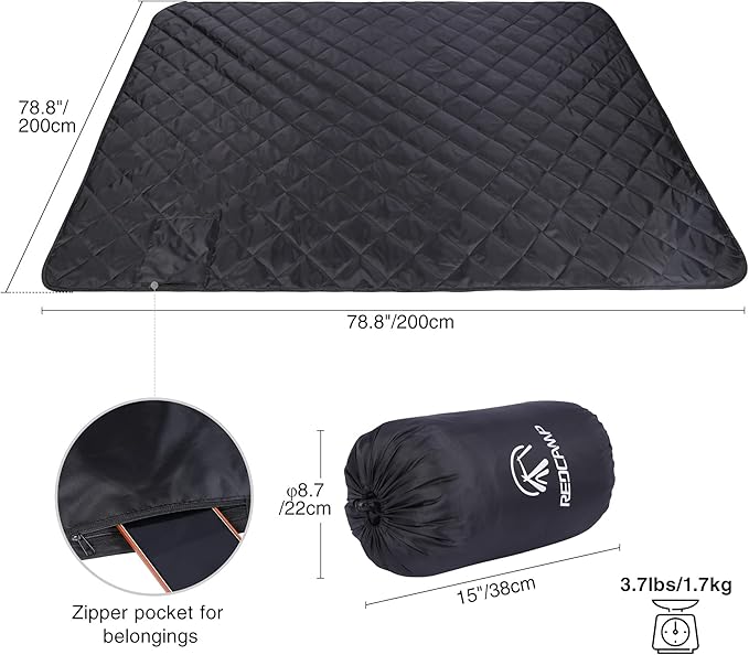 REDCAMP 79"x79" Large Warm Camping Blanket Waterproof & Windproof with Fleece Lining, Outdoor Blanket for Cold Weather Stadium Picnic Travel, Machine Washable Black