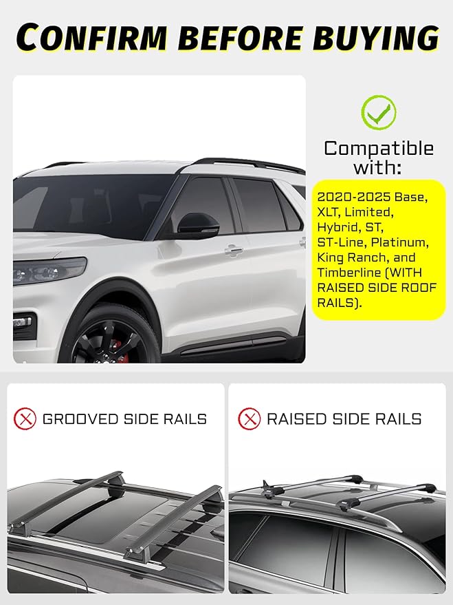 Roof Rack Cross Bars Compatible with Explorer 2020-2025 (Fit for Raised Side Rails) with Anti-Theft Lock, Black Matte Aluminum Anti-Corrosion Crossbars