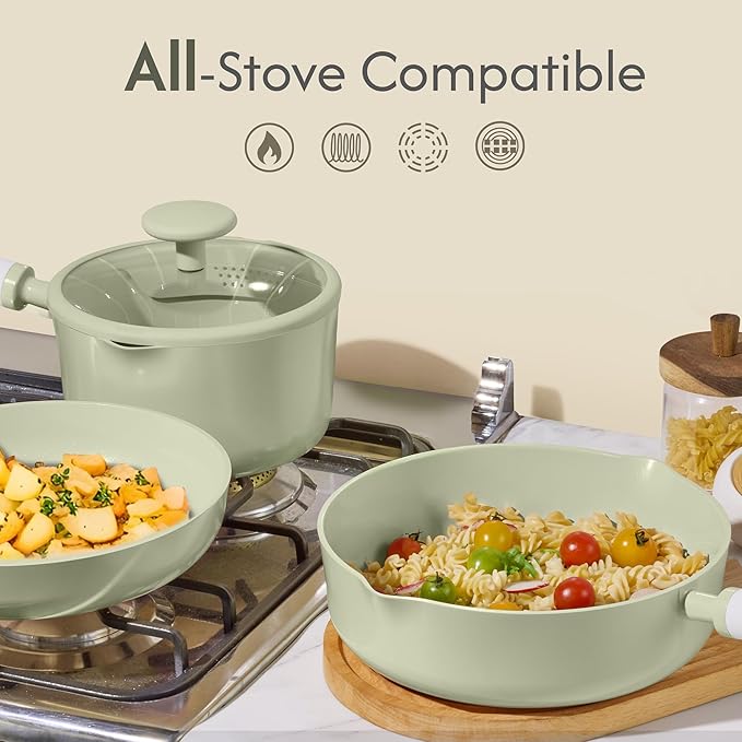 CAROTE Ceramic Cookware Set Nonstick, 9pcs Pots and Pans Set Non stick, Non-Toxic & PFAS-Free,Dishwasher, RV/Camping Cookware Set,Sauce Pan with Lid, Green