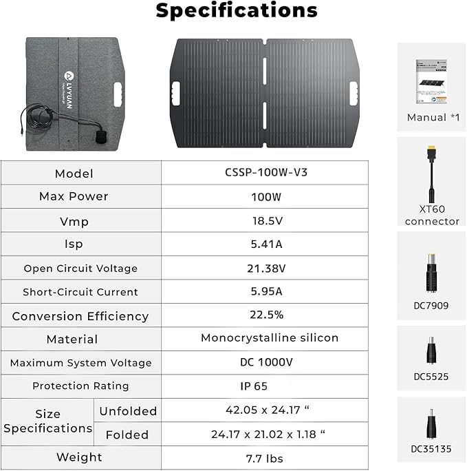 LVYUAN 100W Portable Solar Panel for Power Station, 18.5V Foldable Solar Panel 22.5% Mono Cell with ETFE, IP65 Waterproof with 4-in-1 Adapter Battery Charger for Outdoor Camping Van RV Trip
